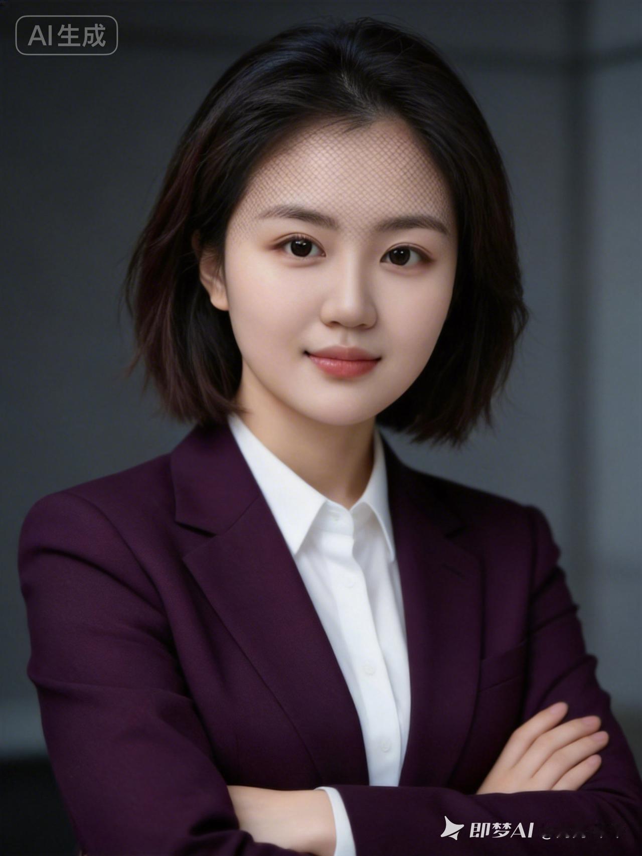 年轻东亚职场女性，网感脸，大眼有神，深棕色齐肩短发，笑容亲和自然。身穿深紫西装内