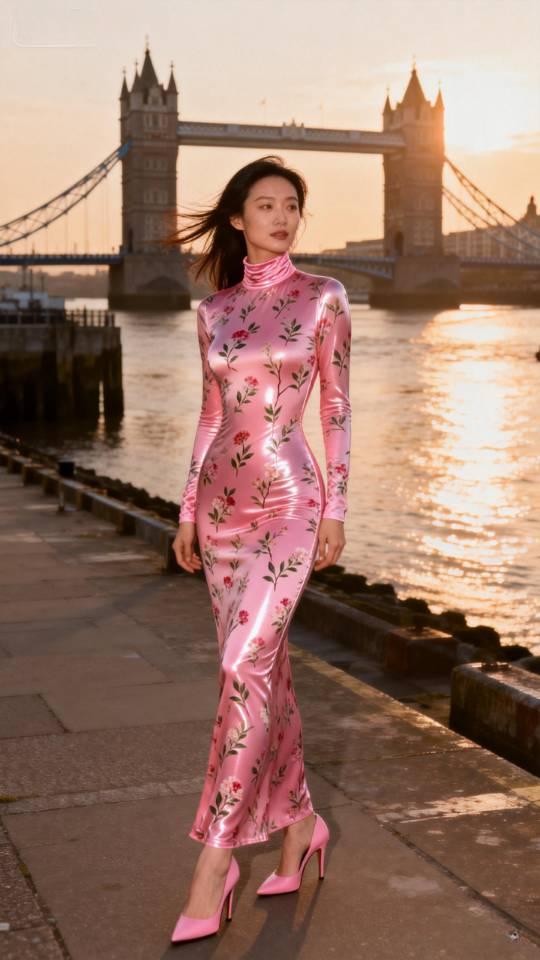 记录我的2026身穿粉红色花旗袍裙女子国外留影旗袍裙美女壁纸高雅气质美女