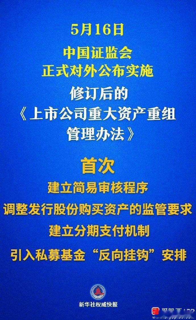 【多个“首次”！上市公司重大资产重组新规落地】5月16日，中国证监会正式对外公布