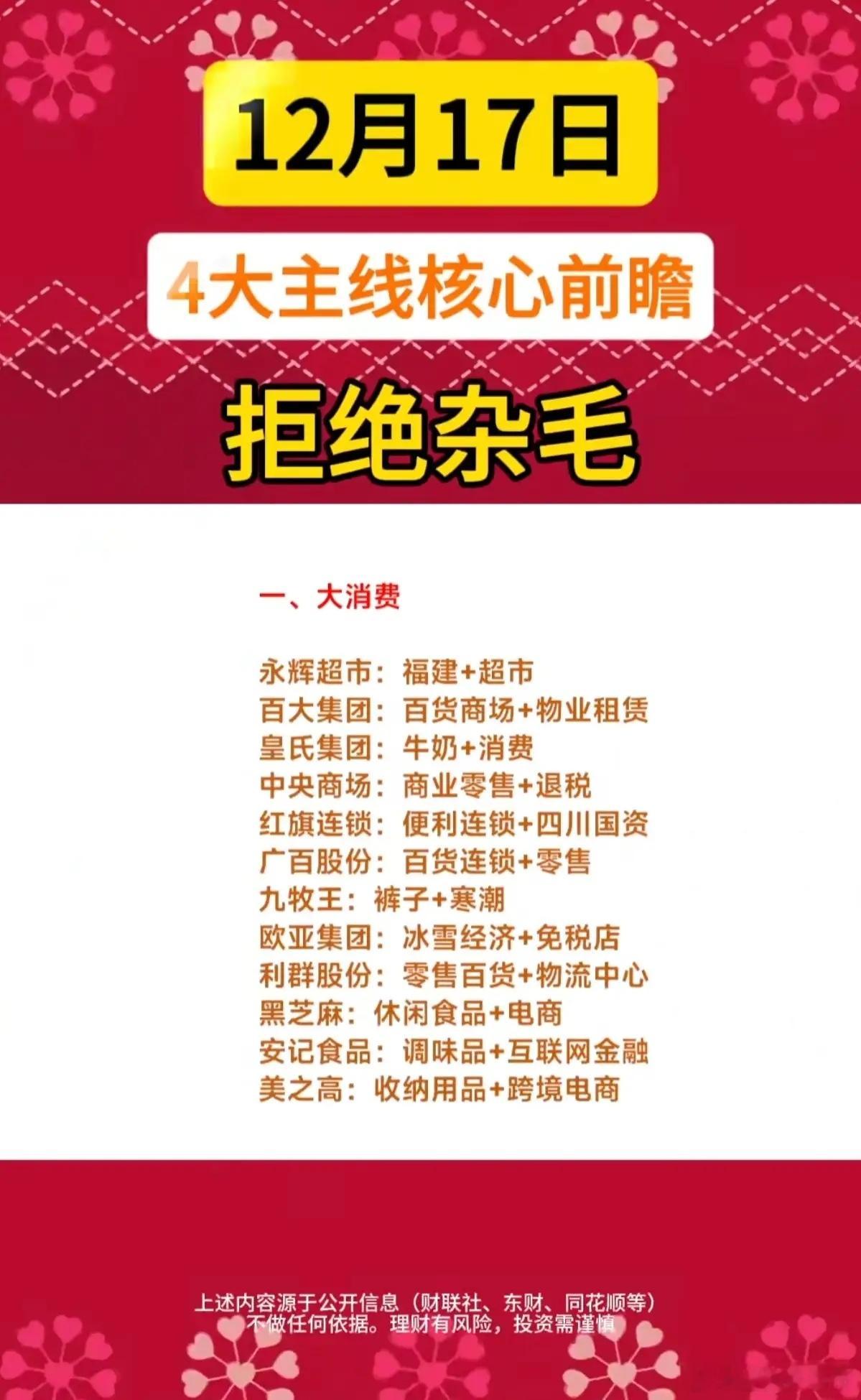 12.17周三市场四大主线：核心前瞻！1.大消费：商超+百货+零售+连锁