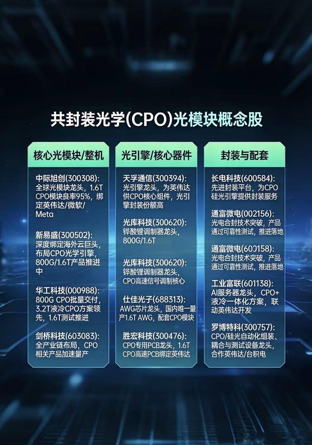 CPO共封装光学｜核心概念股精简版一、光模块整机-中际旭创：全球龙头，1.6T