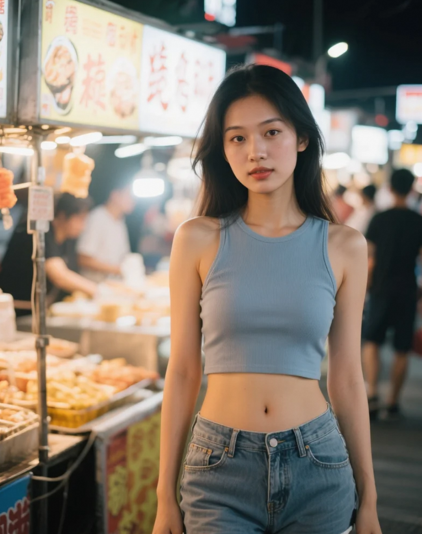 夜市中的亚洲美女，感受夜晚的热闹与欢乐