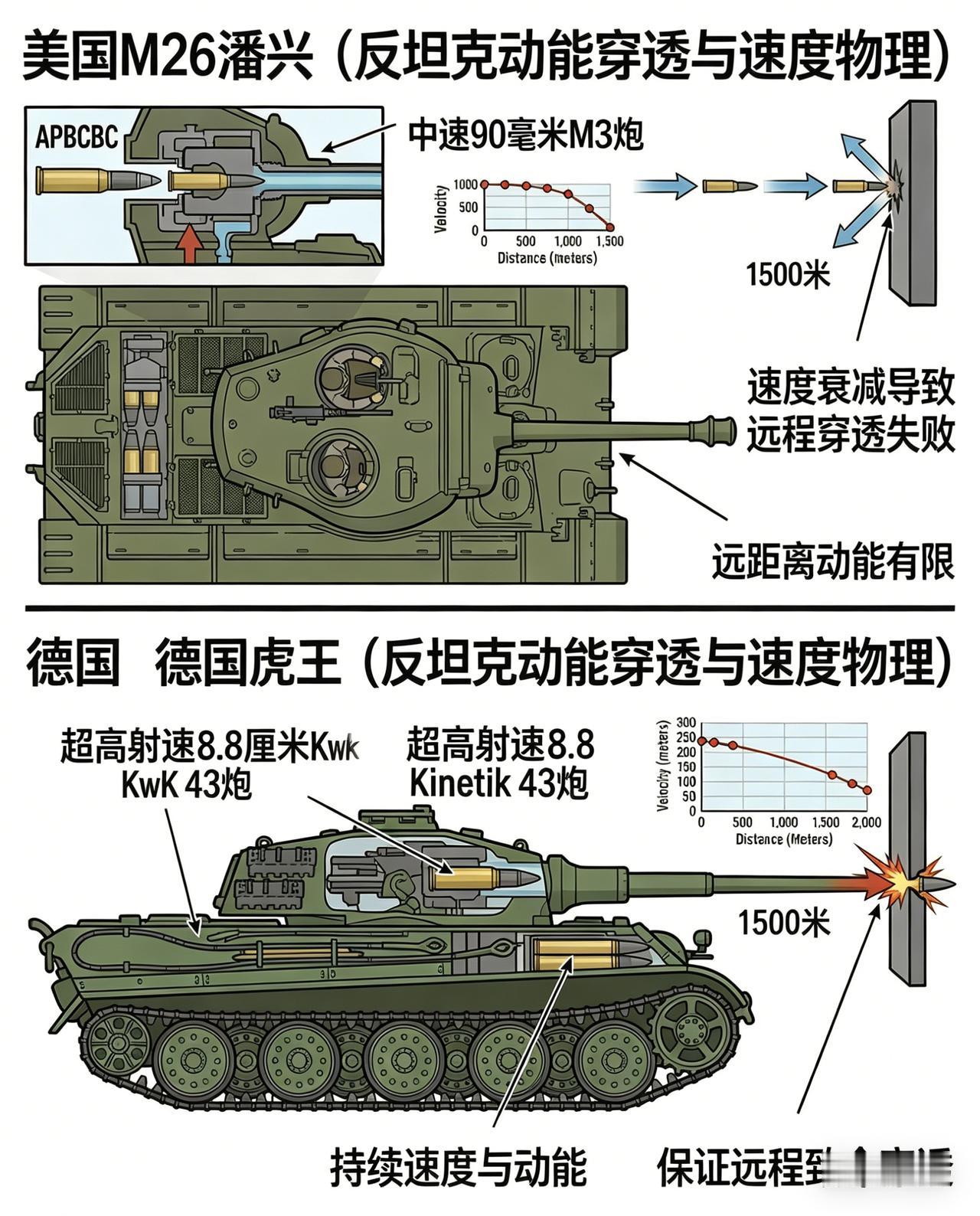 二战坦克战的残酷真相：穿深=生存，而射程越远，炮弹的速度衰减就越致命。这张图直接