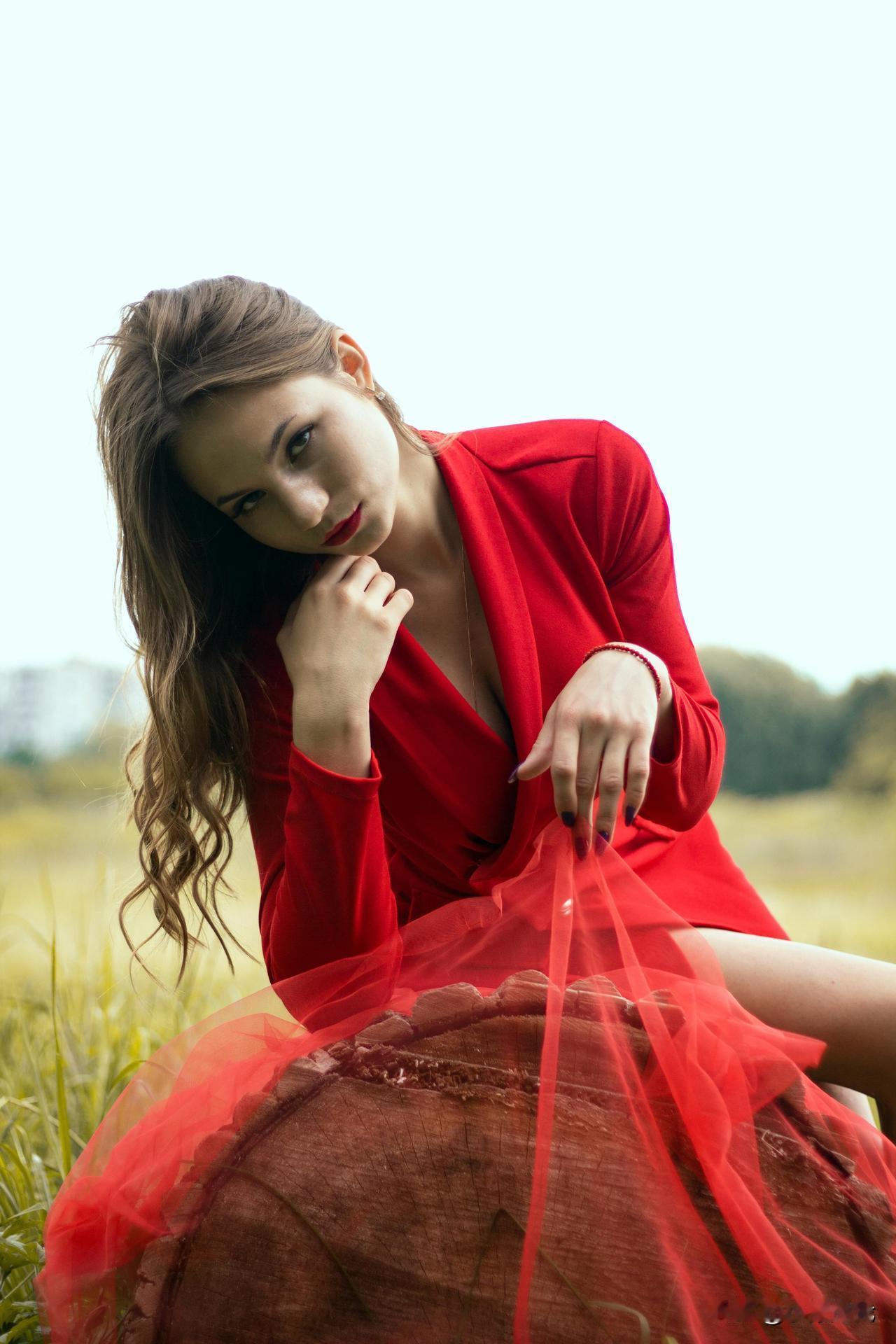 红衣美人倚树坐，轻纱飘逸似仙仙。