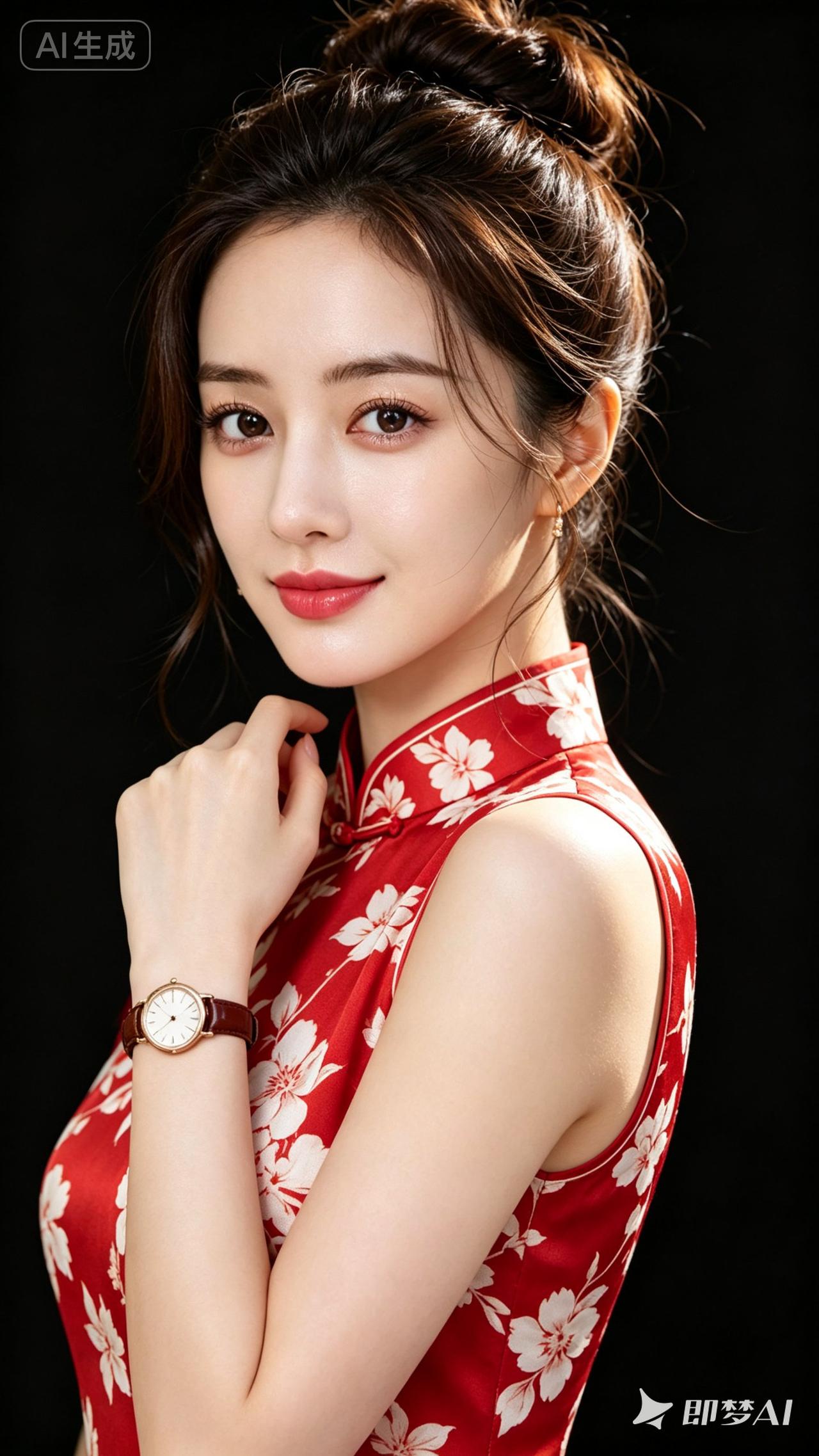 优雅红衣美人，复古手表点缀，尽显东方韵味