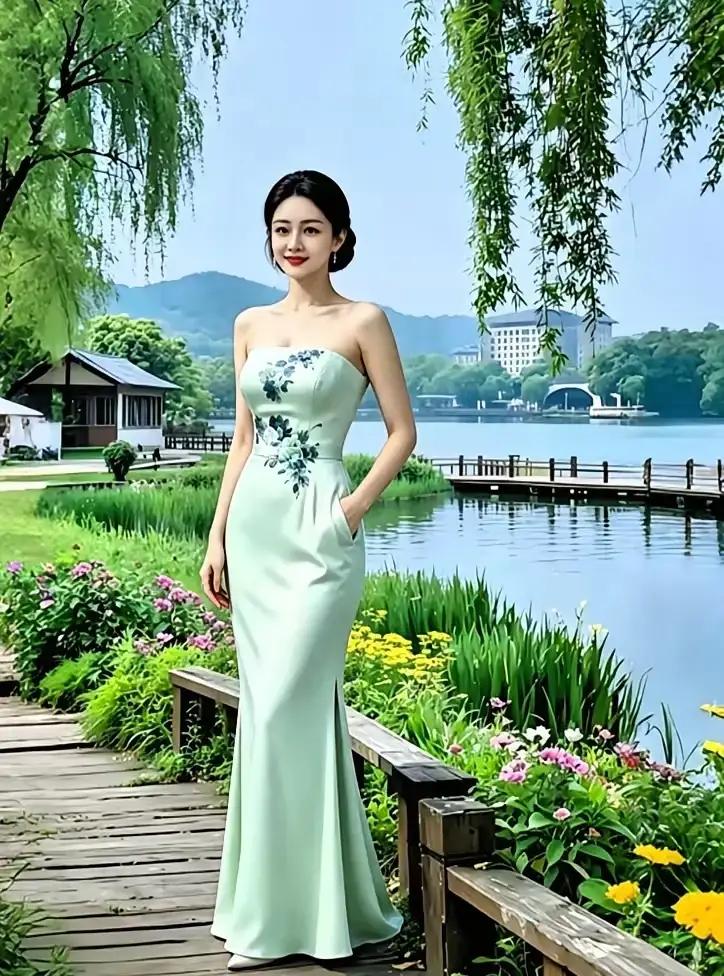她穿着长裙站在湖边，真美！