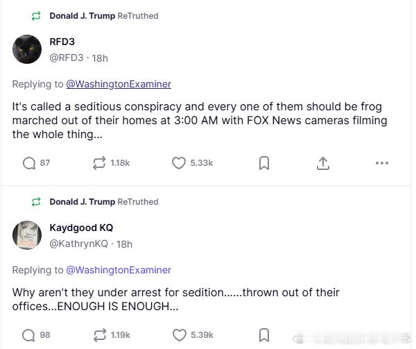 【黄金时代】续前文，川普非常生气，不但自己评论，还转发多名网友的言论，里面还有一