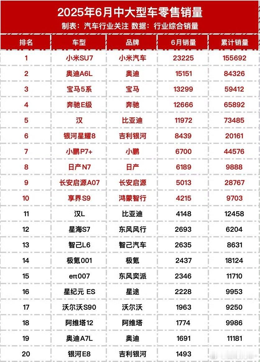 汽车6月份中大型车销量排行榜，小米SU7稳坐第一，宝马5系优惠幅度增