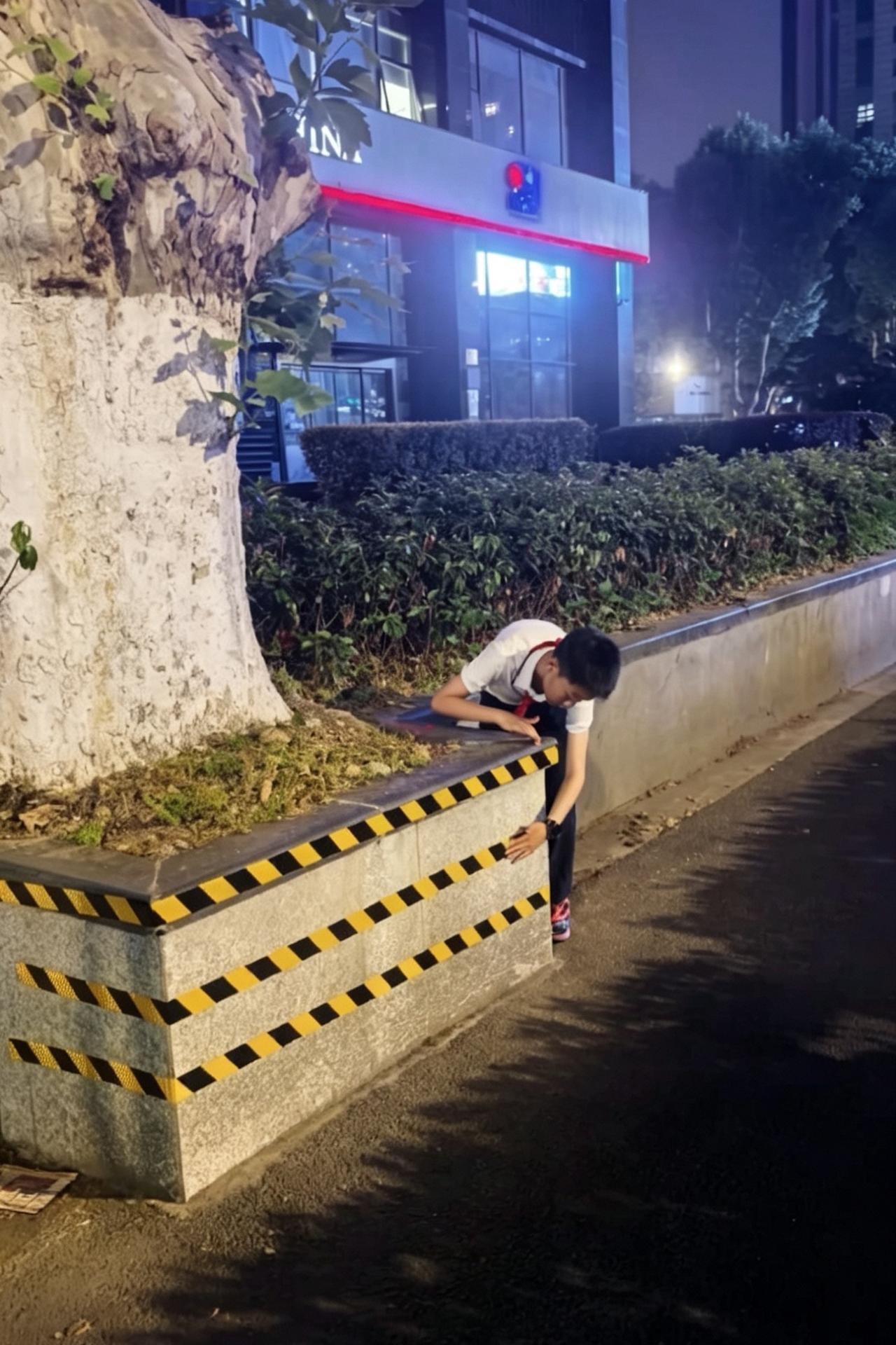 南京，一个普通的下午放学时间，一名小学生背着书包走在回家的路上，看见绿化带里摆着