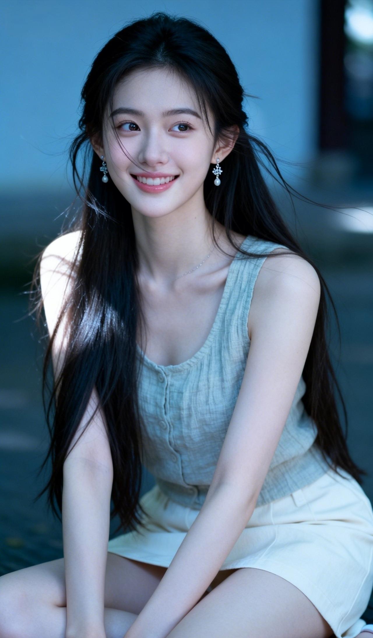 风携着温柔漫过肩头，湖水与柔光揉成浅蓝滤镜，长发随晚风轻轻摇晃，眼底盛着不掺杂质