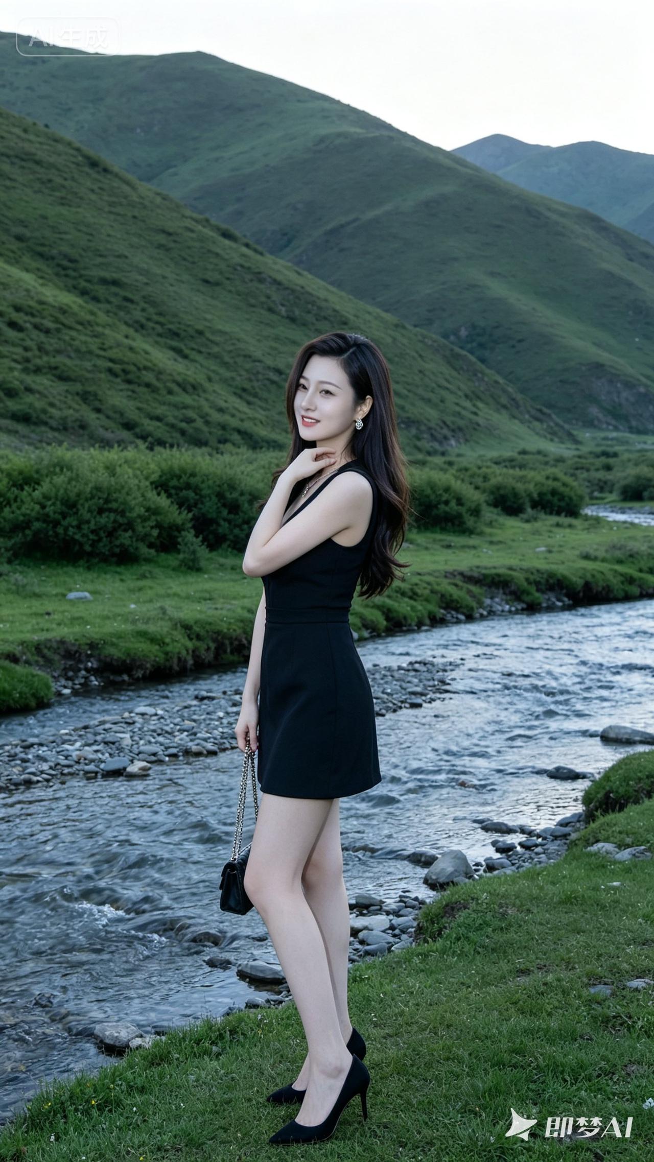 在山间小溪旁，黑裙少女轻抚发丝，笑靥如花。