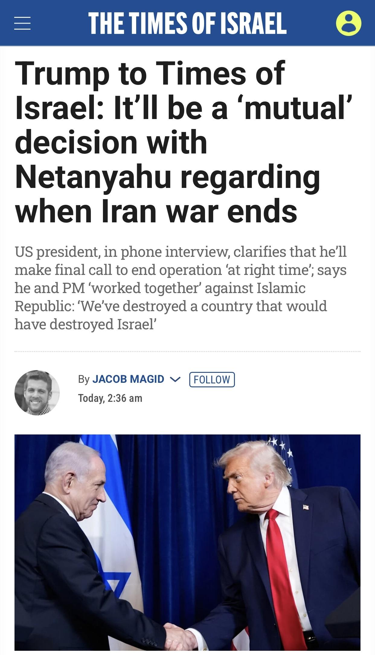 以媒：特朗普称”会与内塔尼亚胡讨论何时结束伊朗战争”以色列《以色列时报》官网