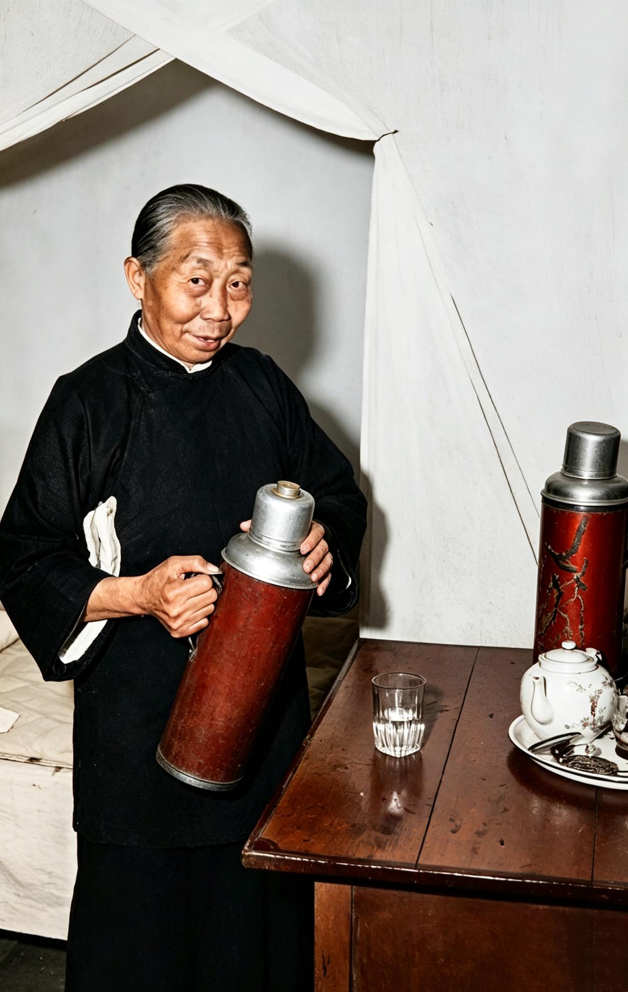 这是1955年北京的一位银发老太太正抬手握着一把金属壳暖水壶，微微俯身准备揭下壶