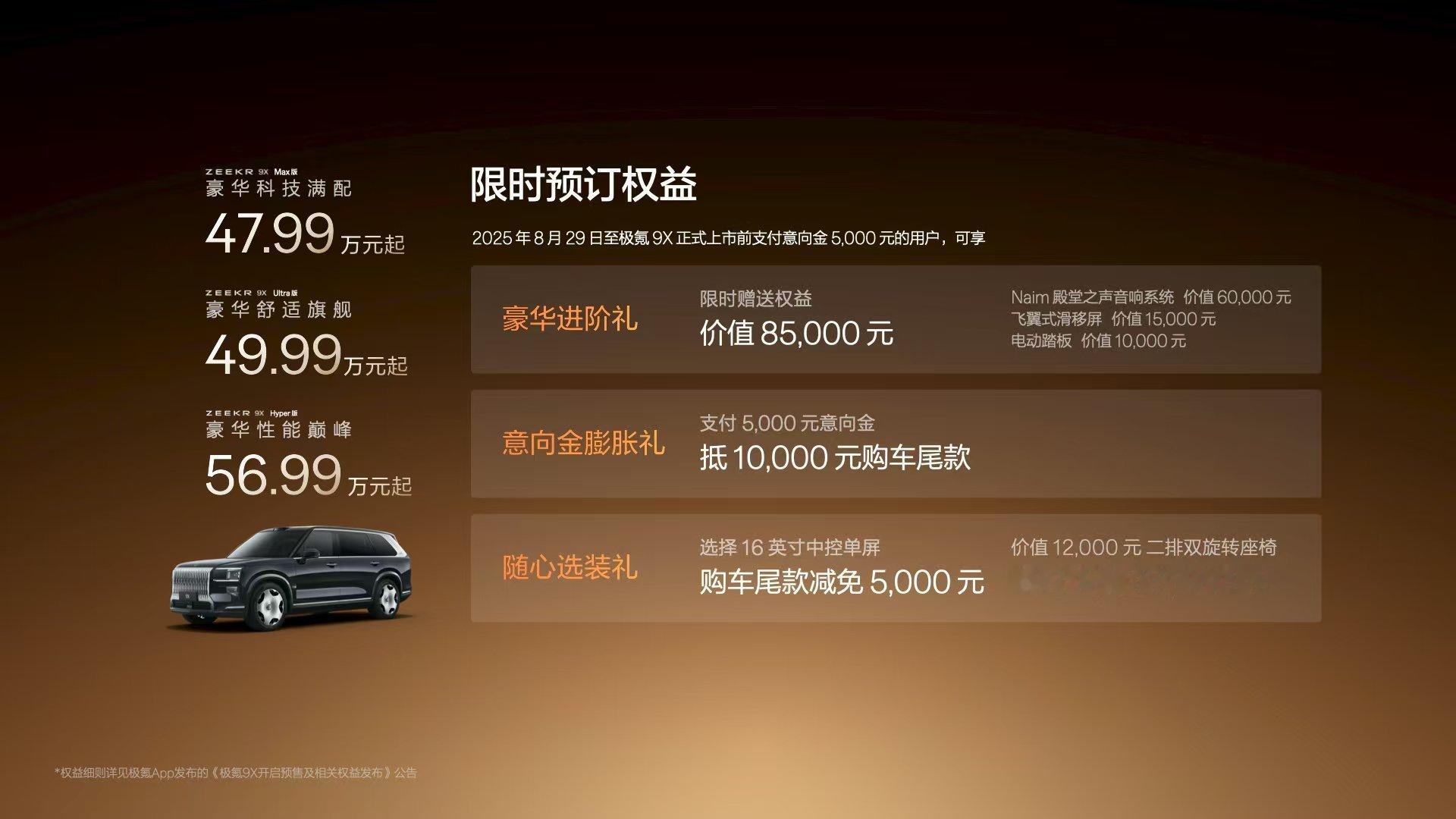极氪9X的预售价公布了，居然是，47.99万起。原本网传的55万起，对于这个配置