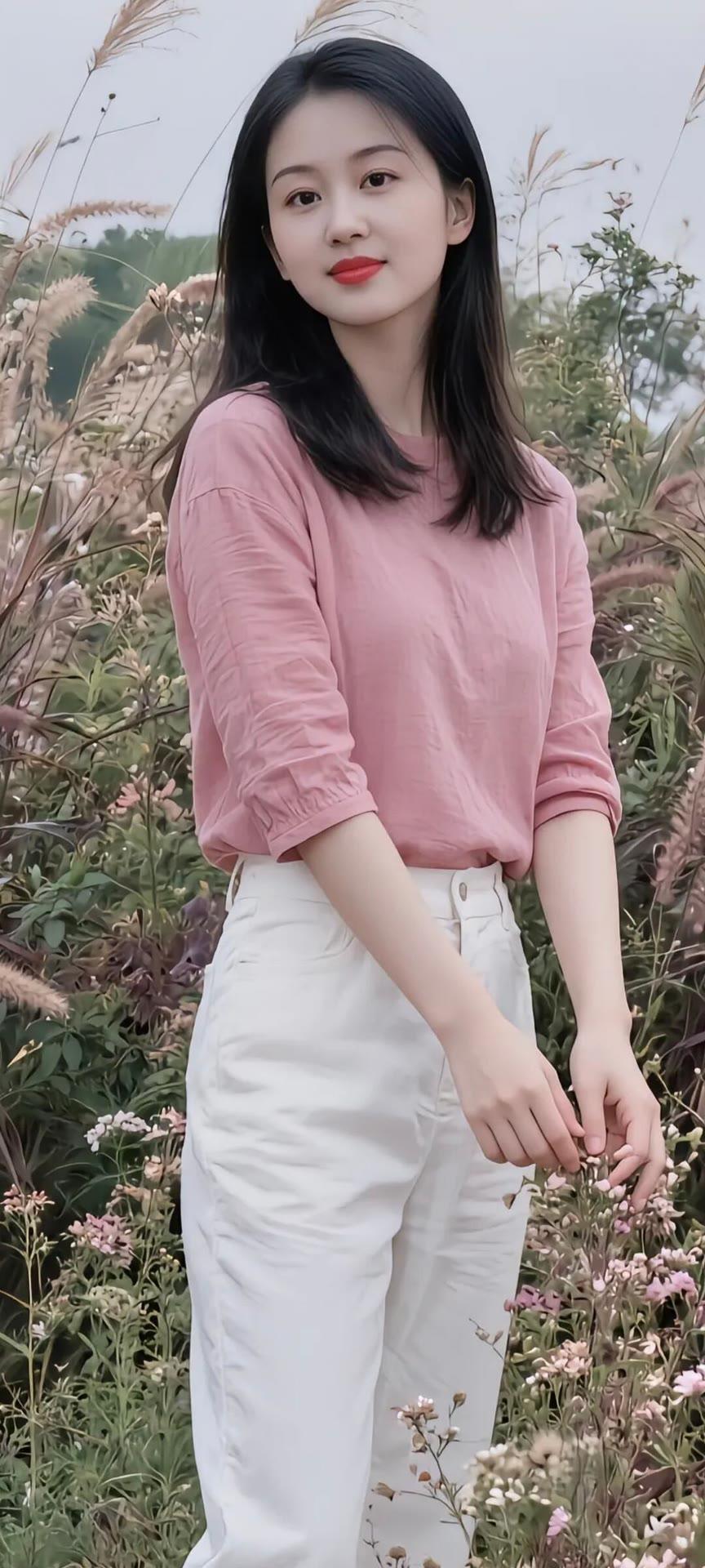 少女心满满，粉色上衣与白色裤子，置身花海，美不胜收！🌸💕