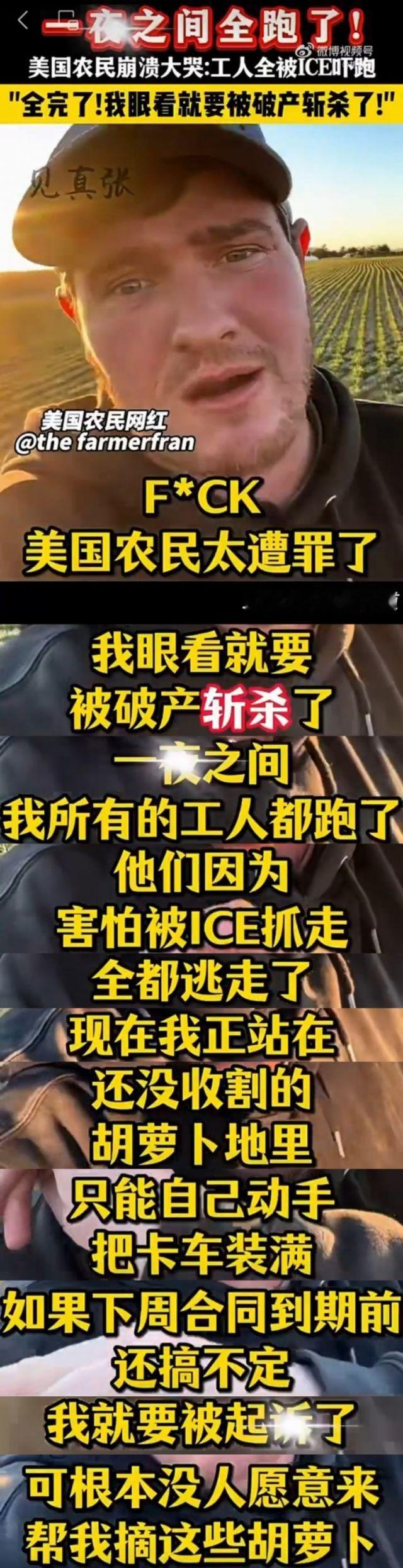 ICE乱抓人把农场里的非法移民全部都吓跑了，田地的农作物没人收割，农场主眼看也要