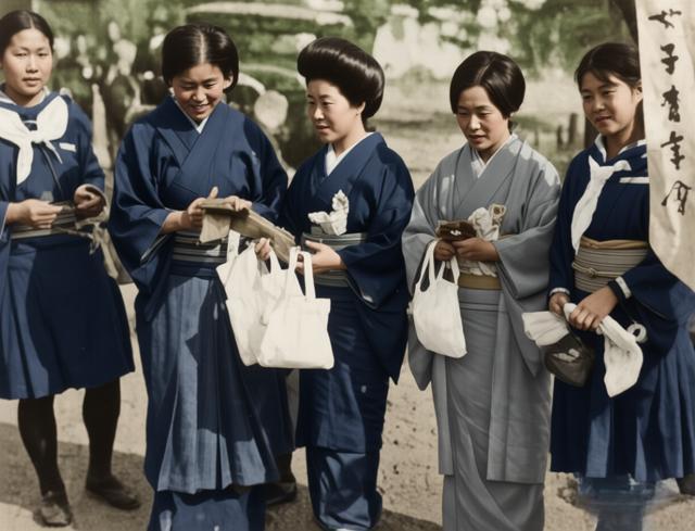 这张照片中，日本女性们聚集在京都西本愿寺前，手持募捐袋与宣传旗帜，响应着“每人每