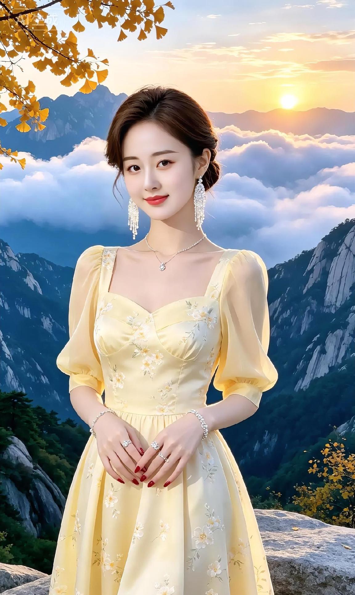 云海托出夕阳，温柔便有了形状。淡黄裙裾，绣满秋光。珠玉轻响，笑意明朗。