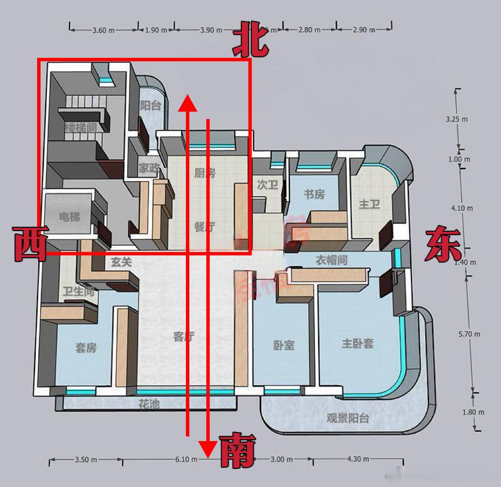 【这套户型真的很奇葩】🔅把所有的不重要的功能区全都放在西北乾宫，例如电梯楼梯间家政房间玄关厨房餐厅