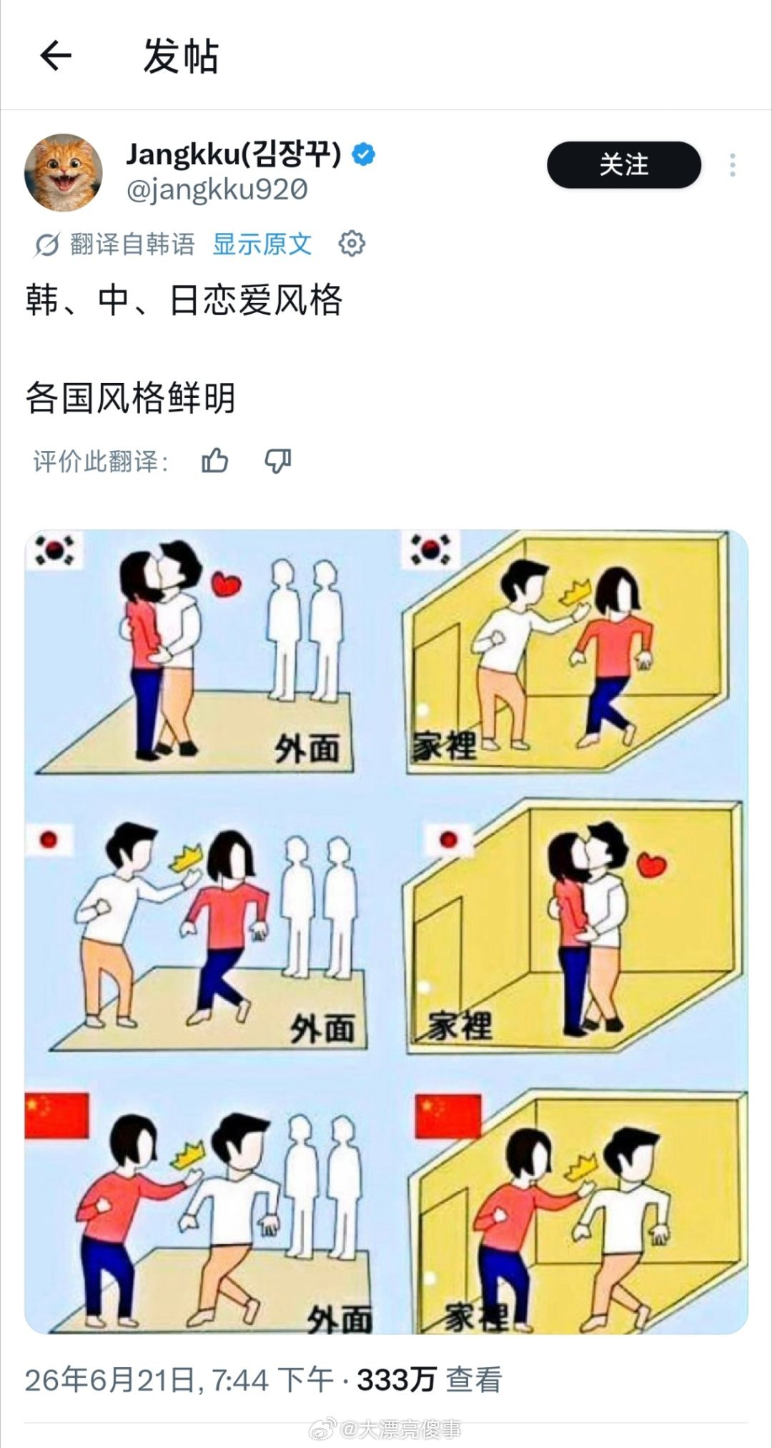 中日韩恋爱风格。