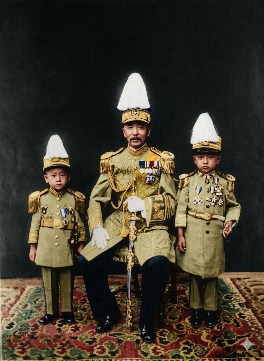 1927年，沈阳大帅府，“东北王”张作霖与两个幼子的戎装合影。中间端坐的张作霖