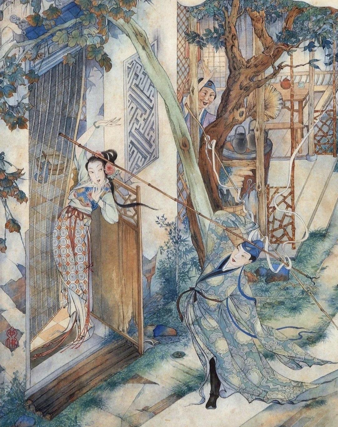 一竿风月误平生，半世浮沉梦不成。一竿落，风月生。胡也佛以工笔重彩，绘就《金瓶