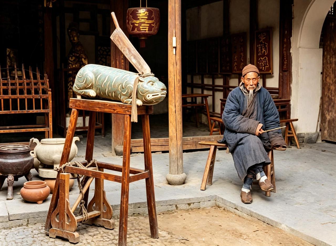 这是晚清杭州吴山包公祠的院子里摆放一口虎头铡刀。吴山包公祠最早始建于明代。咸丰十