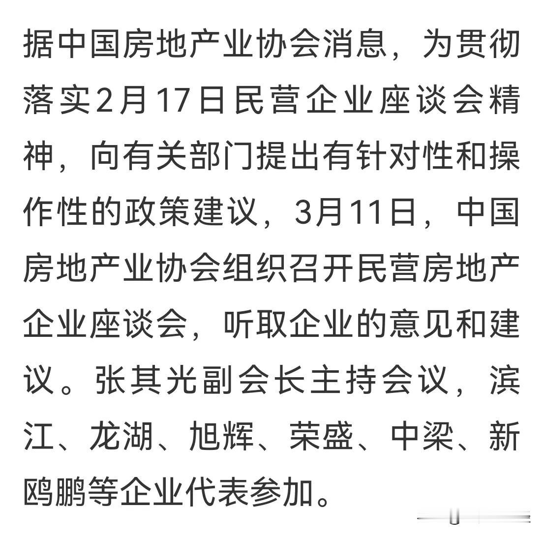 中国房地产业协会召开民营房地产企业座谈会，滨江、龙湖、旭辉、荣盛、中梁、新鸥鹏等