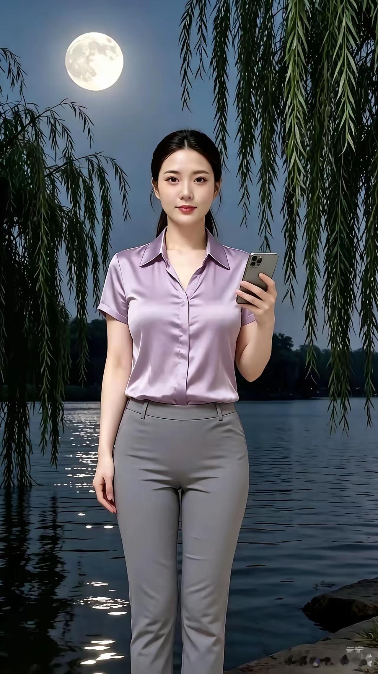 冰轮又东升，湖面静无声。佳人站柳下，一展美娇容。