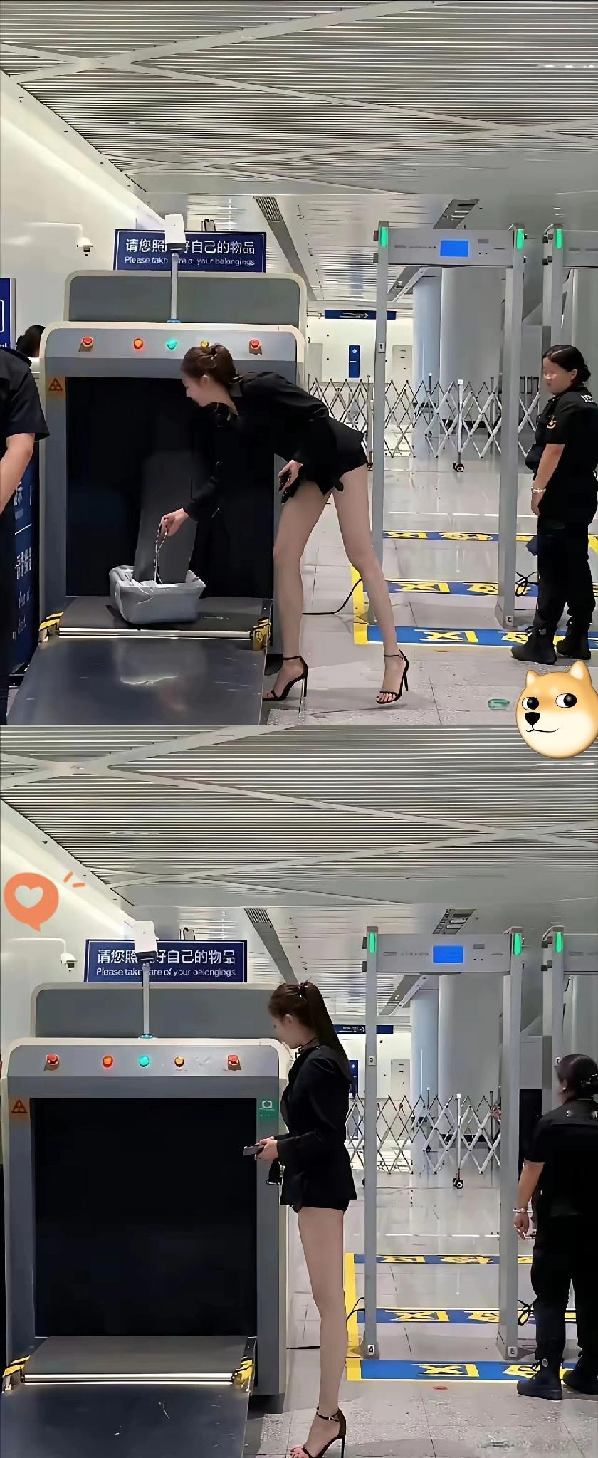 这姐们在机场安检口这造型，直接给我看愣了——穿超短裙配高跟鞋，弯腰取物品那瞬