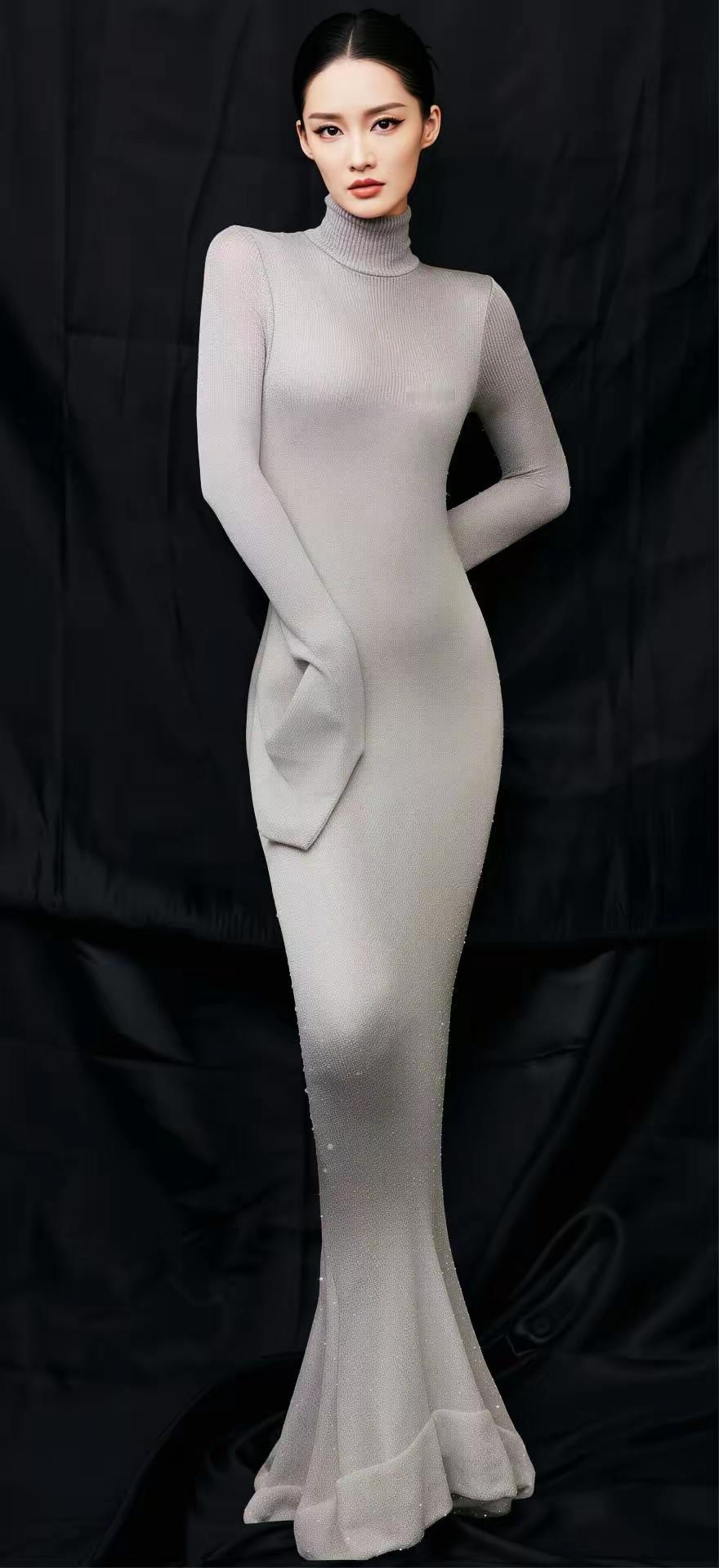 美女壁纸～自带清冷滤镜的李沁，在这组造型里美得自带高光银灰色闪钻高领长裙勾勒出