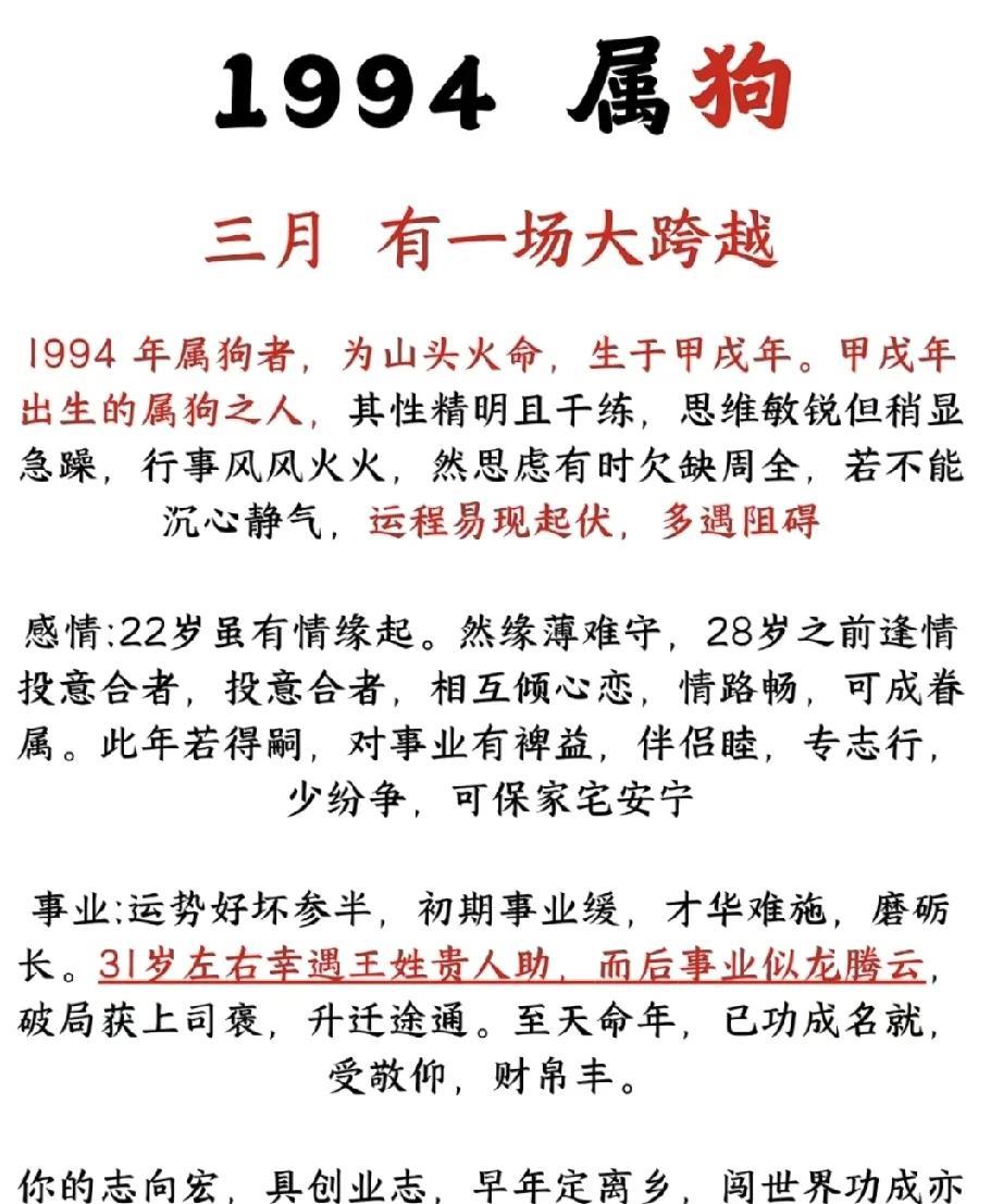 出生于1994年的属狗者，你们的命运像山头火一样旺盛。你们生于甲戌年，性格精明干