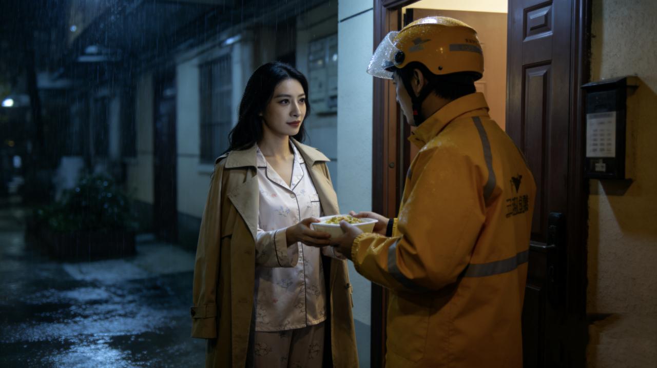 老陈送外卖，在暴雨里等了十分钟，客人终于下楼了。是个妆容精致的女人，睡衣外裹着