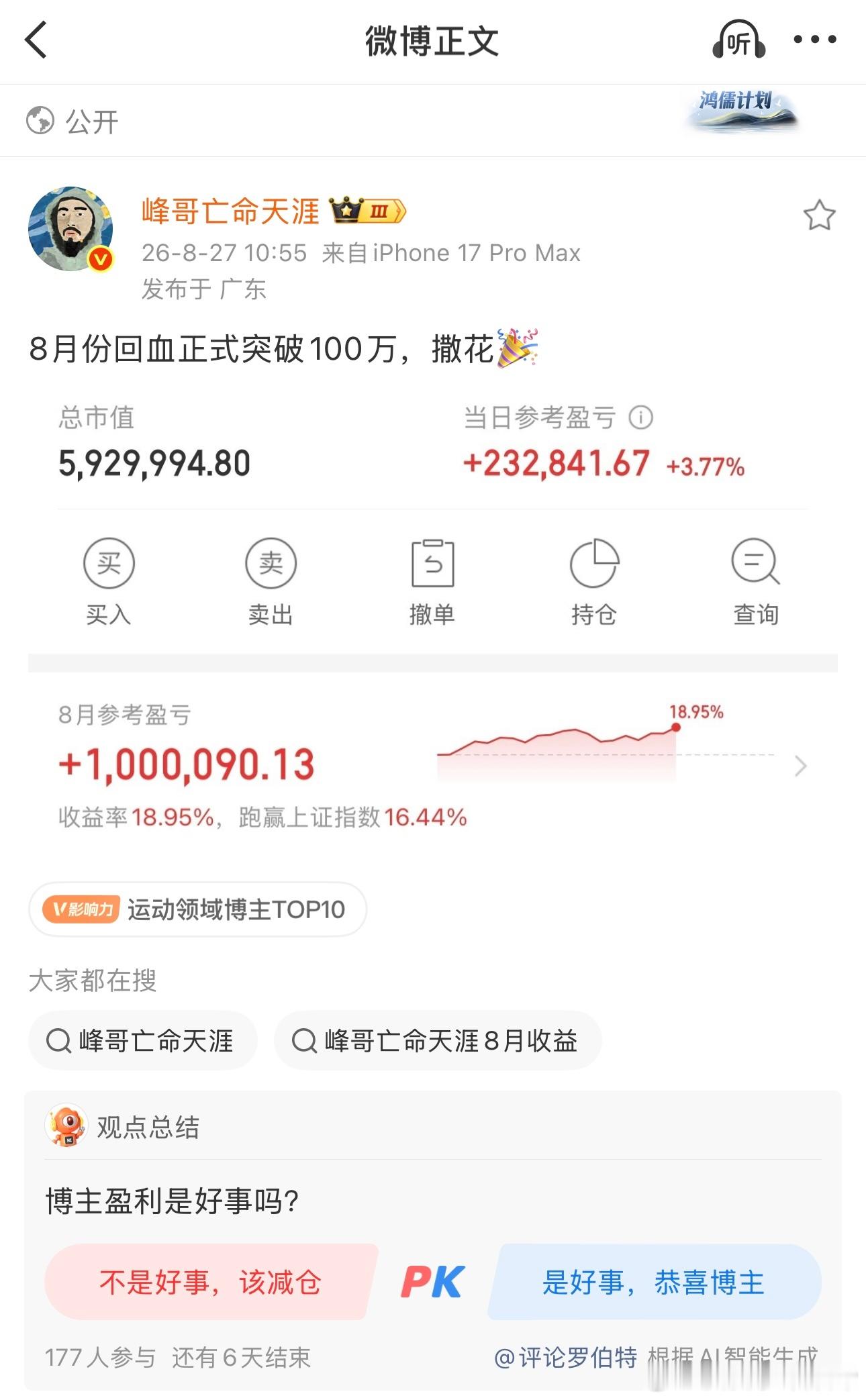 绷不住了，峰哥8月怒赚100万！小丑竟是我们自己？有没有一种可能，峰哥发文调戏量