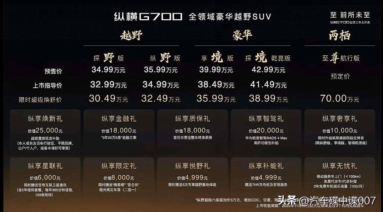 纵横G700正式上市，售价区间为32.99—41.49万元，较预售价格便宜了1-