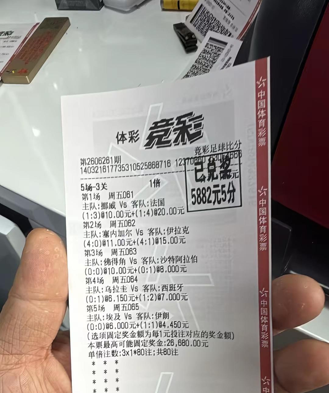 小额投注中5882元！这张票比较精妙的地方就在于全是比分猜的，不太确定比分究