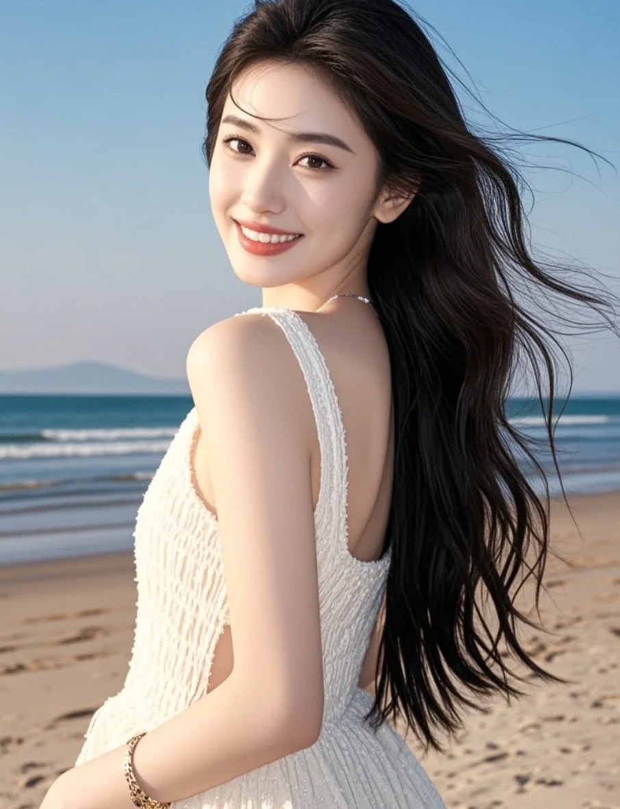 海风轻抚，沙滩上的长发女孩笑容温柔，意境悠远