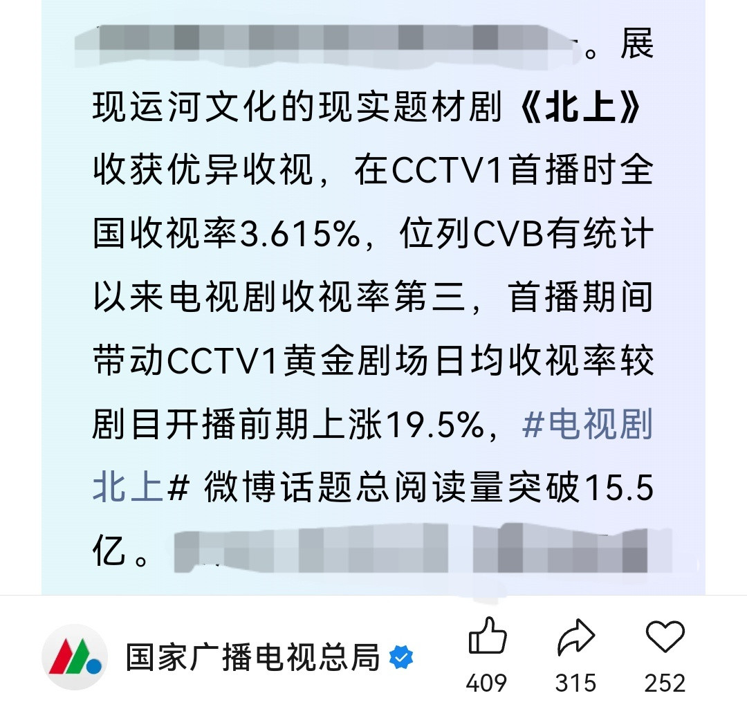 我看了白鹿。白鹿的北上今年是CVB史季，是有CVB收视率以来历史第三！这成绩绝对
