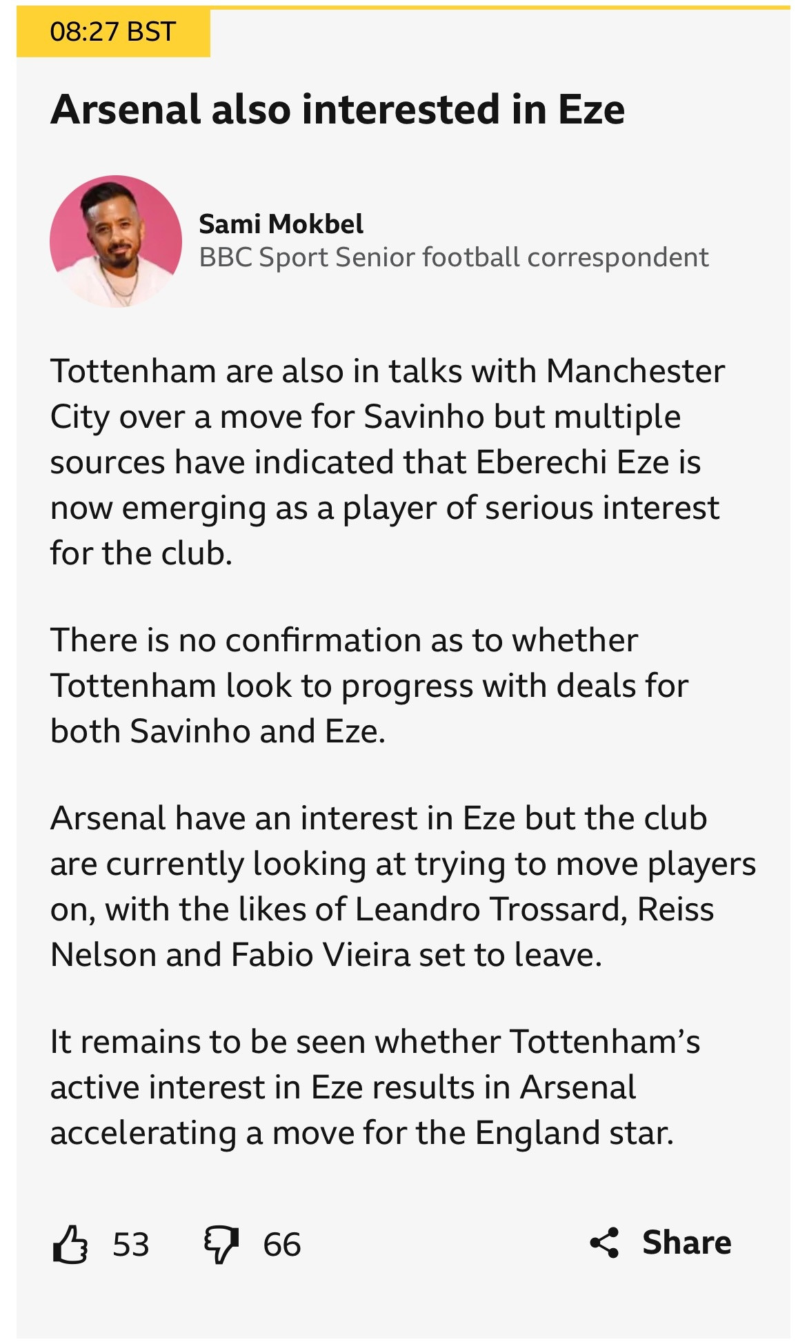 BBCSportSamiMokbel：热刺正与曼城就萨维尼奥的转会进行谈判