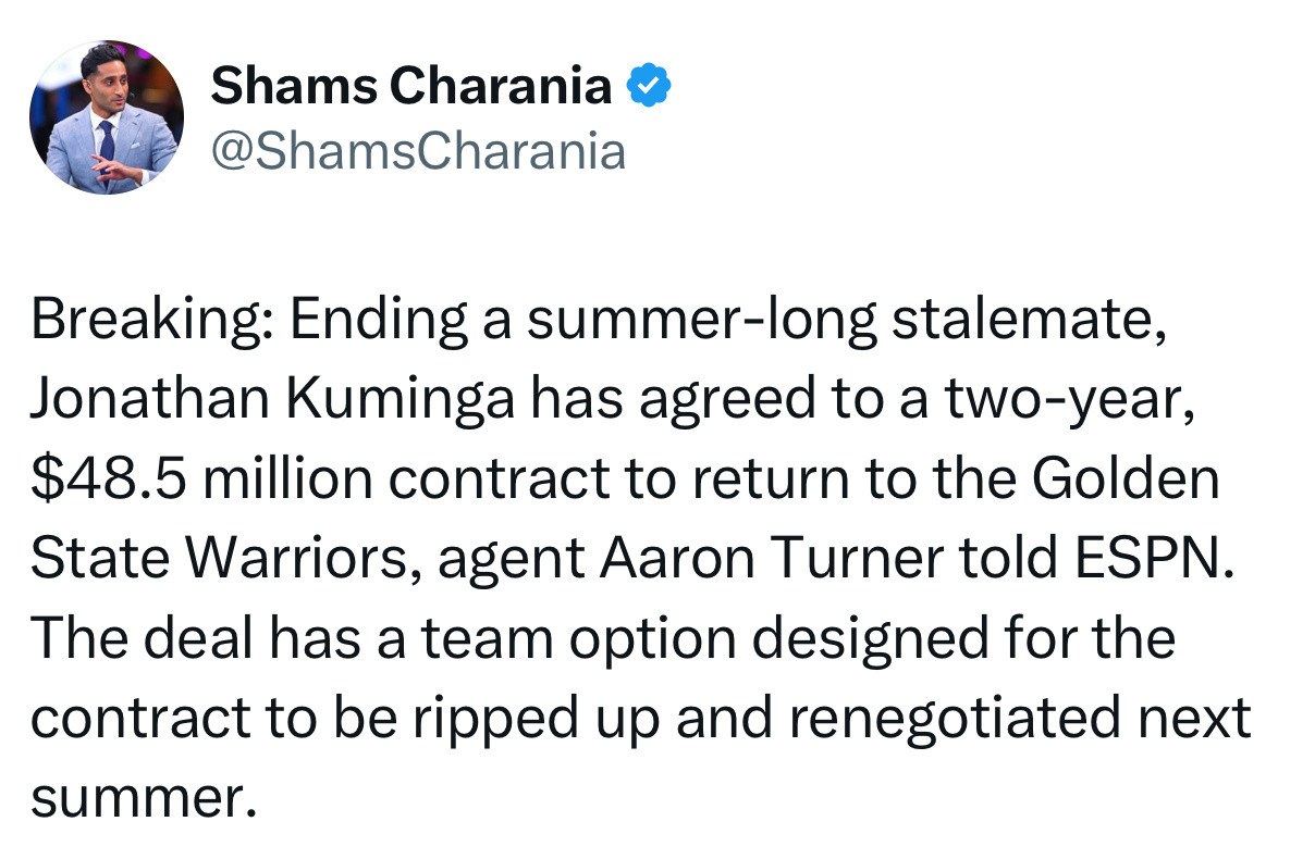 终于结束了[哭哭]shams：经纪人亚·特纳告诉ESPN，乔纳森库明加结