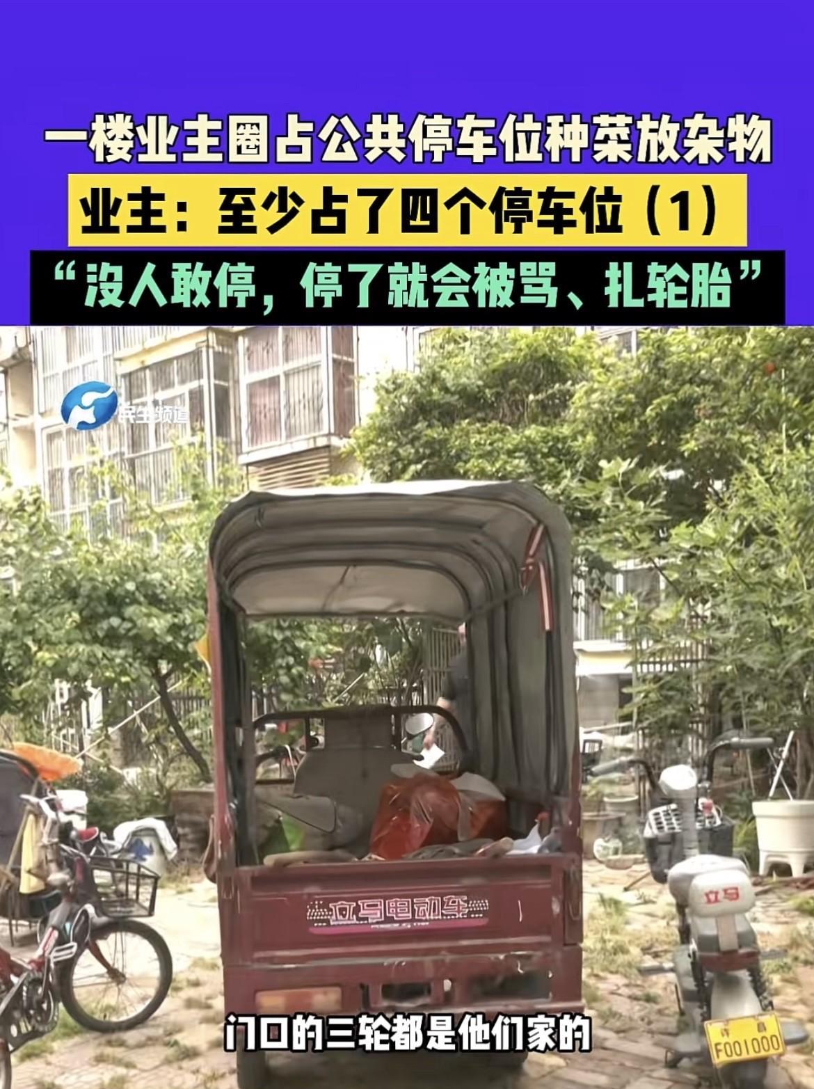 河南许昌，一楼业主常年霸占至少四个公共停车位，用于种菜和堆放杂物，谁把车停在那儿