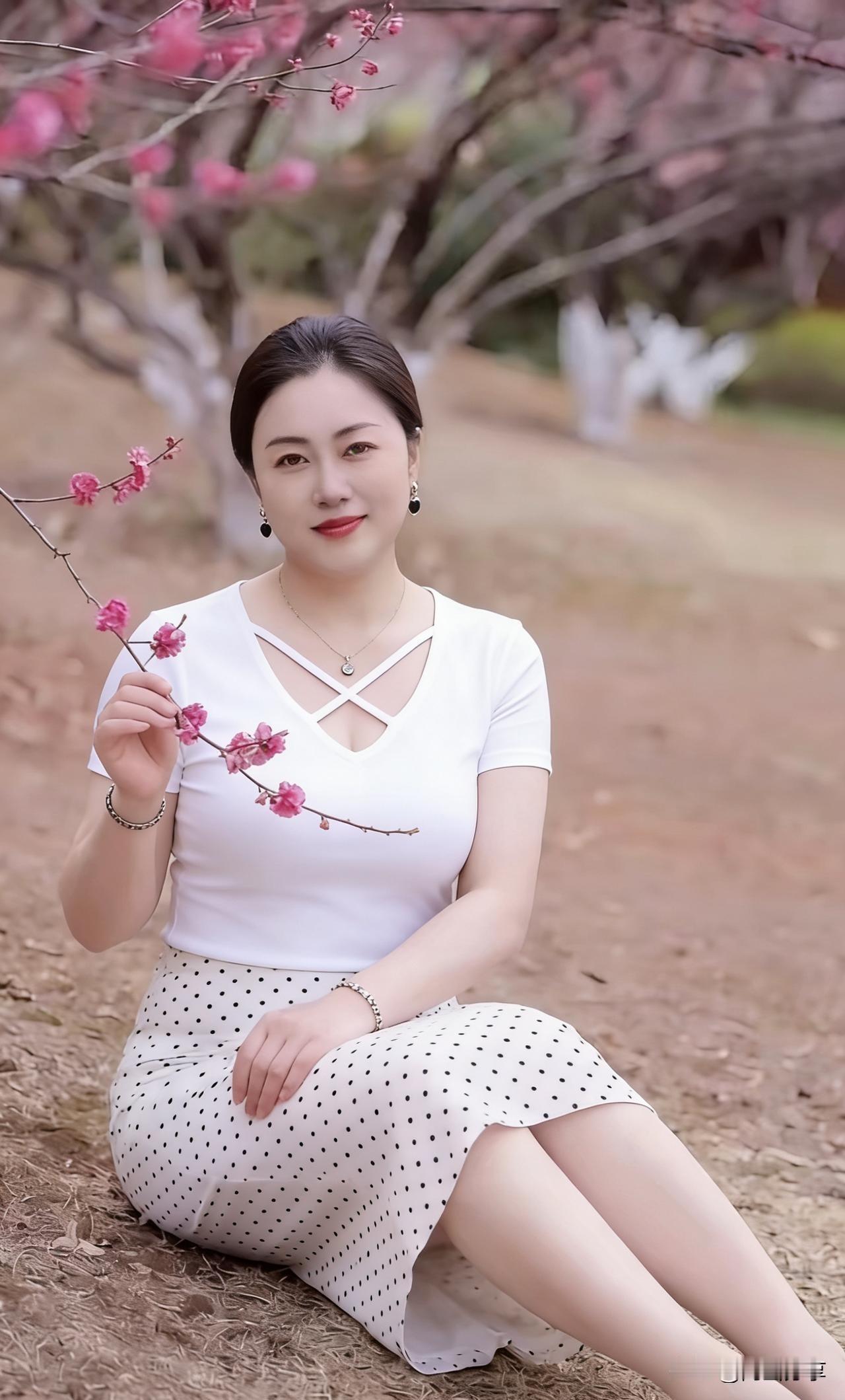 一个女孩在花树下微笑。