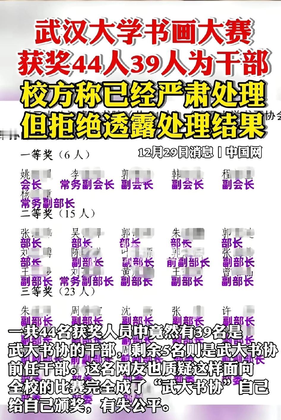 哈哈！武汉大学书画大赛获奖44人39人为书协干部，又当裁判又当选手这个大学真