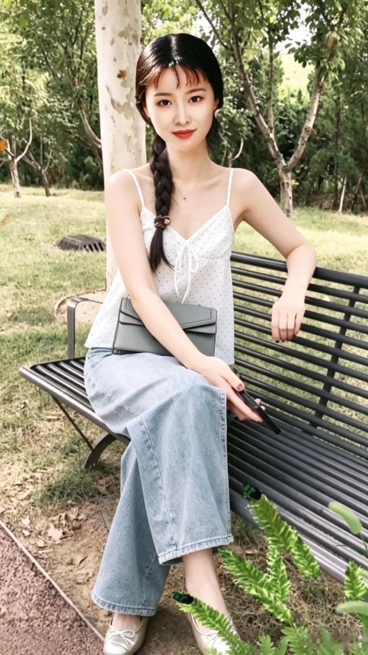 绿意盎然中，美人倚长椅。