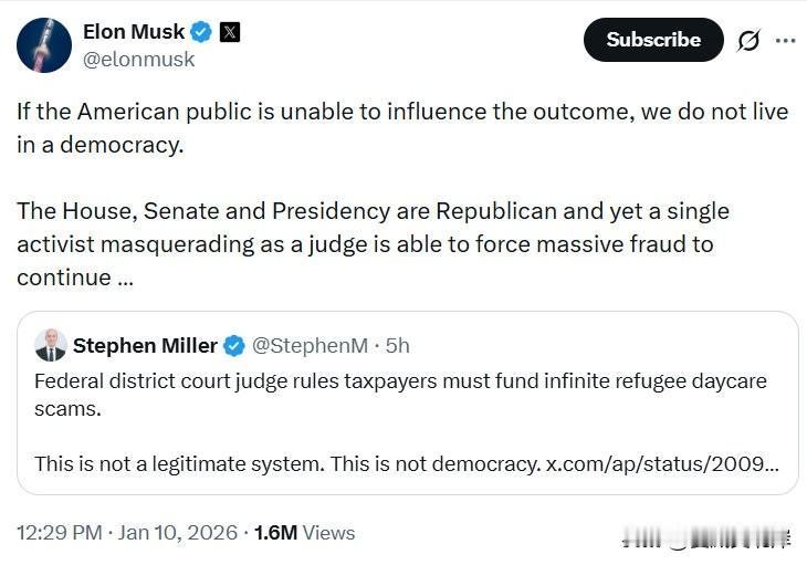 马斯克称伪装成法官的激进分子在为欺诈行为保驾护航。“如果美国公众无法影响结果，