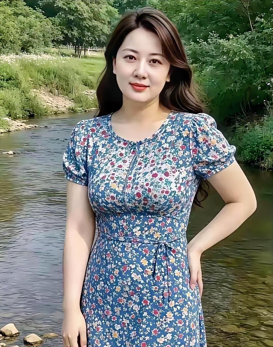 《溪畔花裙》蓝底碎花轻裹夏风，泡泡袖挽住温柔。溪水潺潺，绿草悠悠，
