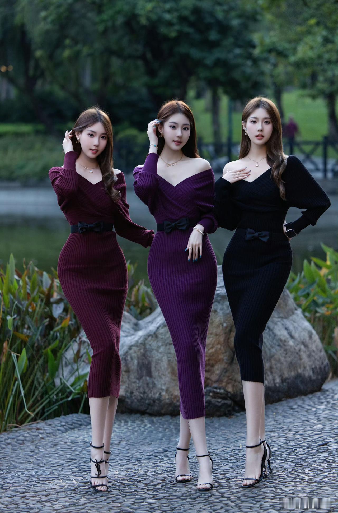 优雅三姐妹，紫色与黑色的优雅碰撞，时尚穿搭指南