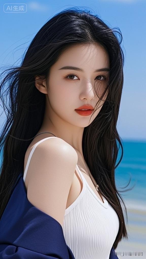 冷艳黑发少女，温柔蓝调氛围，AI生成美照