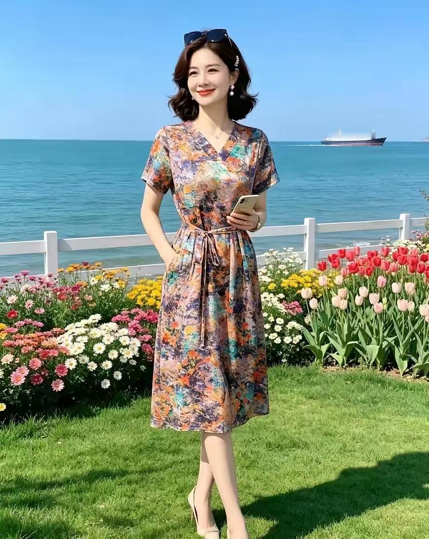 天净沙·游园倩影万顷碧浪天蓝，群芳斗艳争繁，俏影花间立岸。宛如仙媛，飘