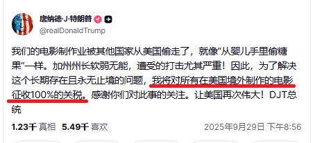 特朗普总统周一发帖称，他将对“所有在美国境外制作的电影”征收100%的关税。